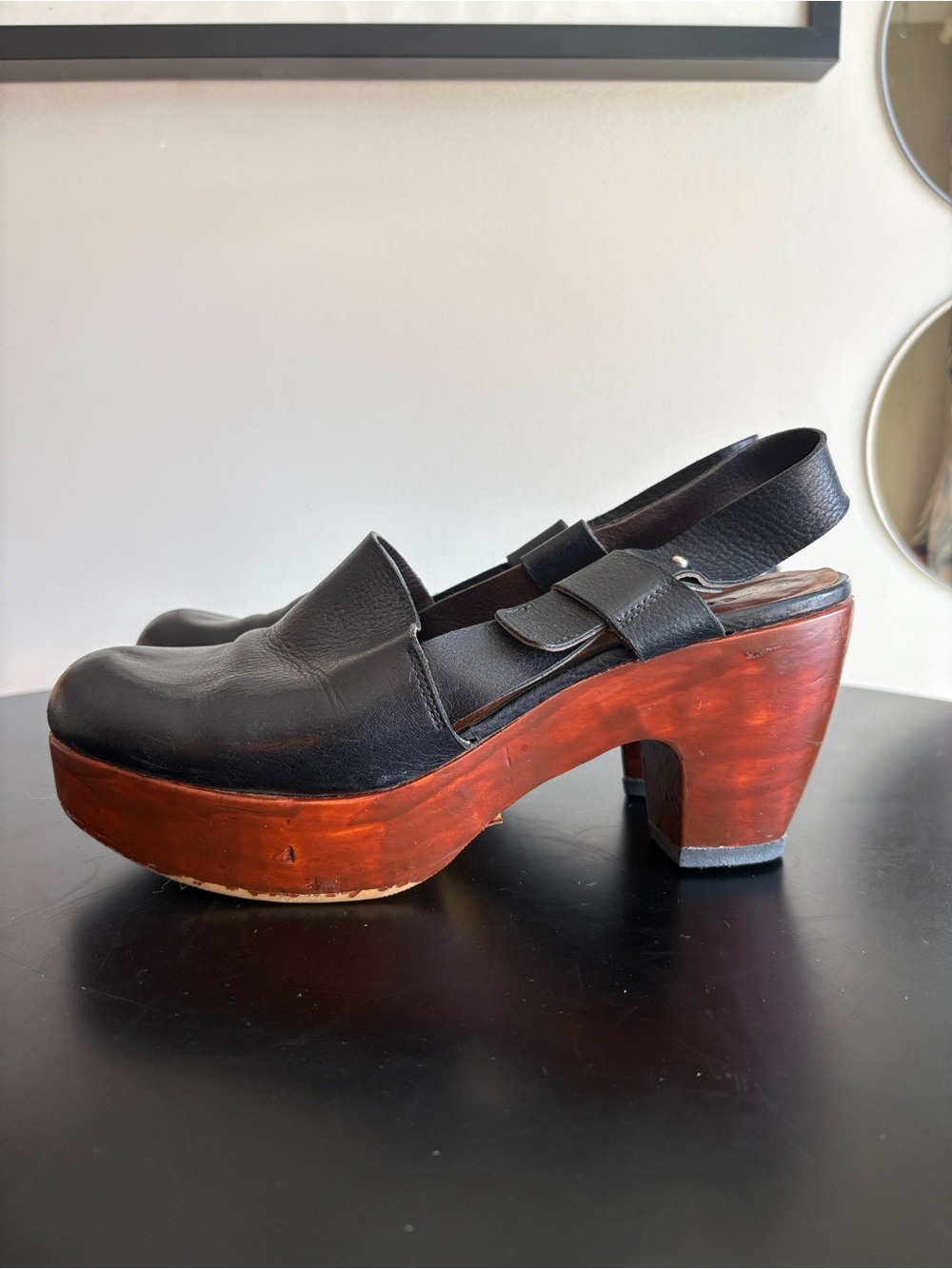 Vintage Wooden Platform Clogs Black Leather Slingback Heels